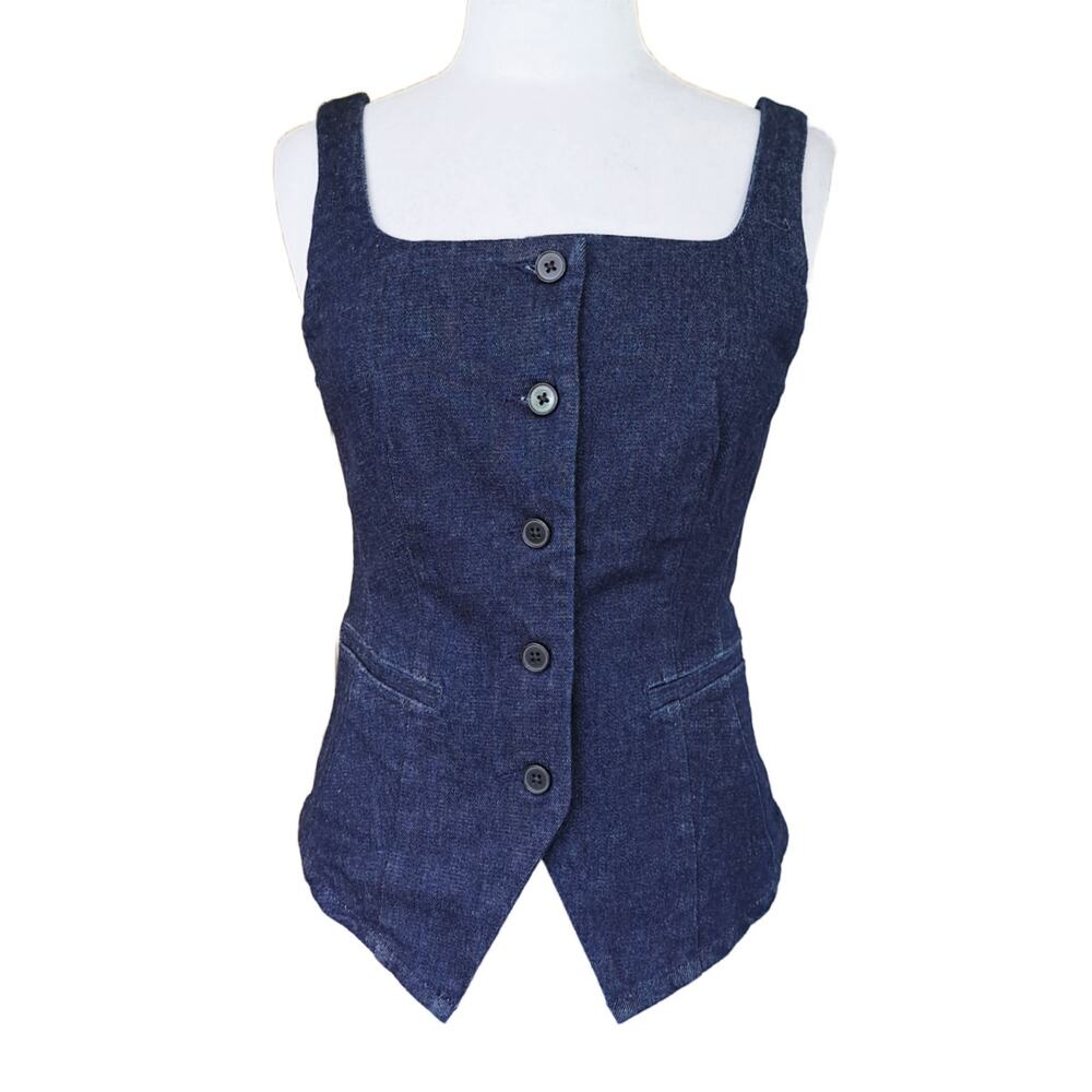 SPANX Dark Indigo Denim Square Neck Tank Top - Picture 2 of 10